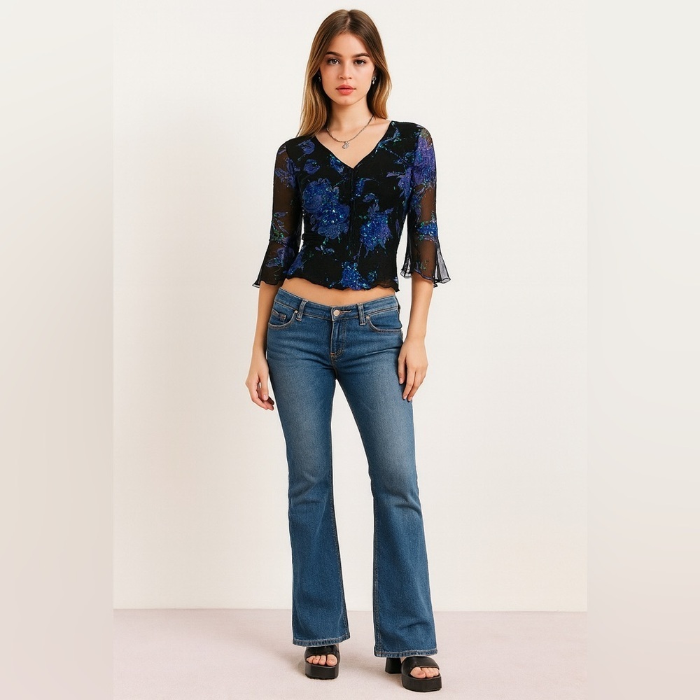 Vintage Y2K Sean collection black silk chiffon floral sequined bell sleeve top.